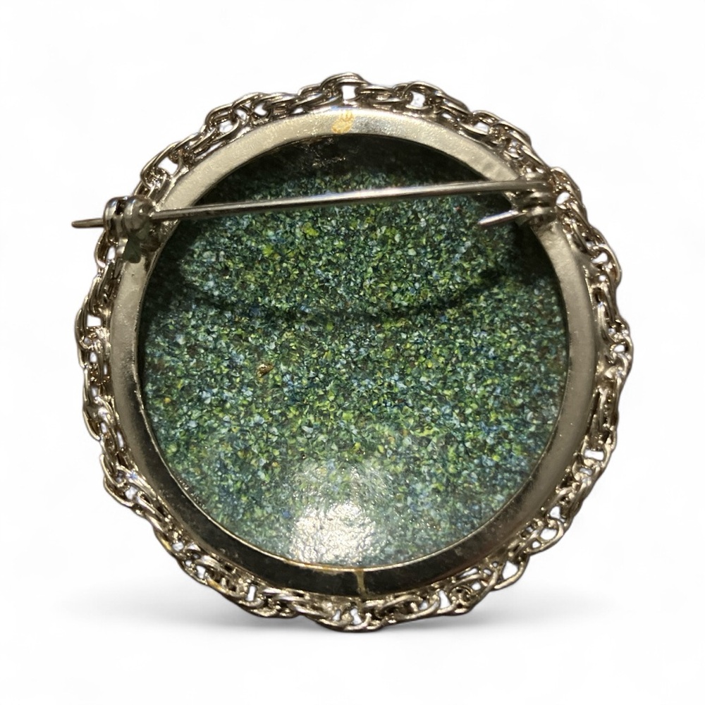 Vintage Iris Lily Botanical Enamel Silver Tone Frame Cloisonné Picture Brooch - Picture 3 of 4